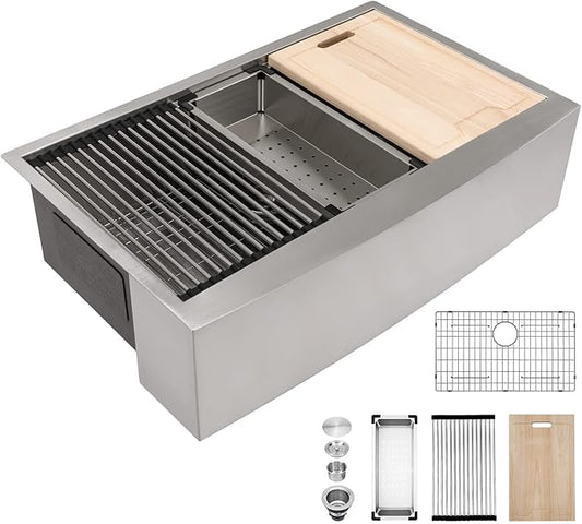 Kichae 33 Farmhouse Sink Stainless Steel - 33 Inch Kitchen Sink Apron Front Ledge Workstation 16 Gauge Stainless Steel Single Bowl Handmade Farm Style Kitchen Sinks