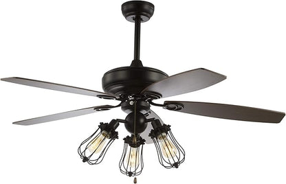 JONATHAN Y 52" Black 3-Light Iron and Wood Ceiling Fan, Industrial Caged Design with 5 Reversible Ashwood/Brown Blades, Pull-Chain, Rustic Farmhouse Style, LED Bulbs Included JYL9601A