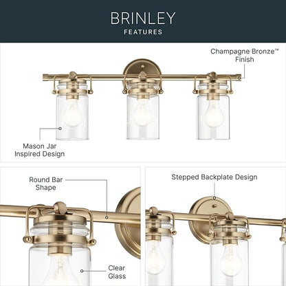 Kichler Brinley 24" 3-Light Bathroom Vanity Light Fixture with Clear Glass in Champagne Bronze, Modern Farmhouse Mason Jar Style for Mirror Lighting (24" W x 10.25" H), 45689CPZ