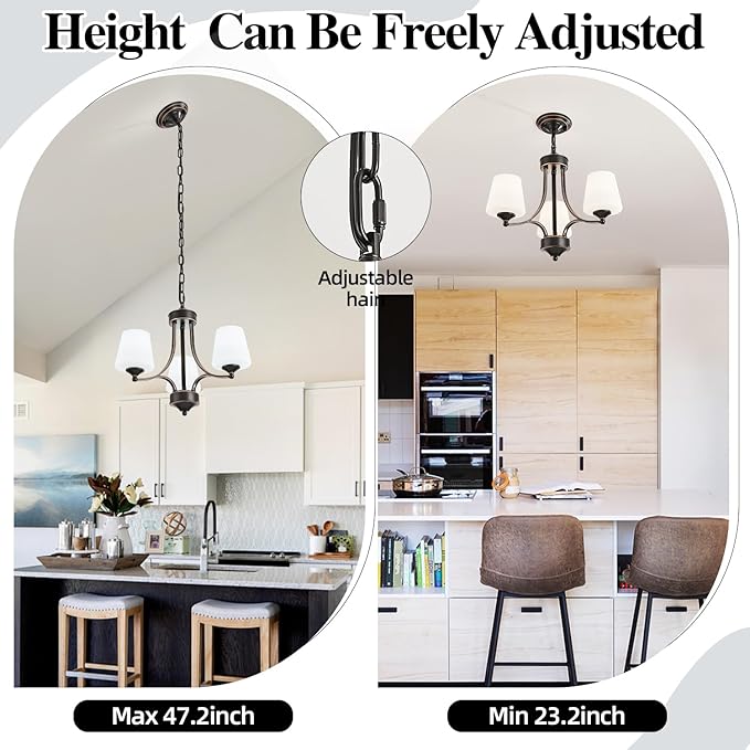 3 Light Farmhouse Chandelier with Milk White Frosted Glass Shades Black Dining Room Light Adjustable Height Ceiling Hanging Light Fixtures for Dinner Table, Kitchen Island, Entryway