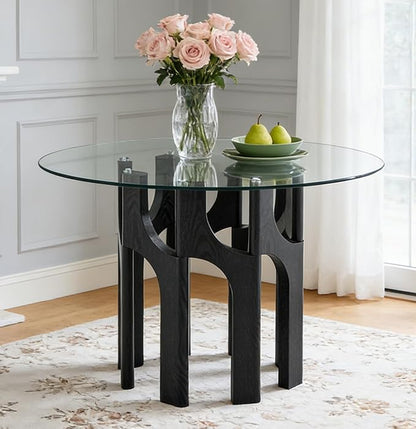 Glass Round Dining Table for 4 6 Person, 46 Inch Glass Kitchen Dining Room Table with Wooden Black Pedestal Base,Modern Circle Clear Glass Top Dinner Table for Small Spaces Home/Apartment