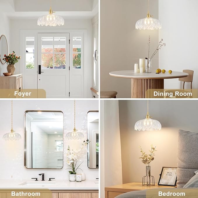 2 Pack Glass Pendant Lights Kitchen Island, Vintage Brass Pendant Light Fixtures, Adjustable Transparent Kitchen Pendant Lighting Over Island for Bedroom Living Room Hallway Dining Room