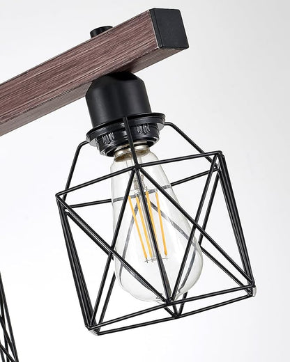 5-Light Industrial Kitchen Island Lighting with Wood Grain Bar and Black Metal Cage, Farmhouse Rustic Hanging Ceiling Lamp for Dining Room, Living Room