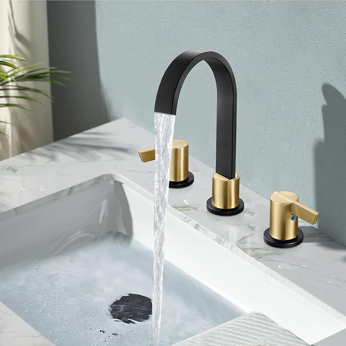 Midanya 8 inch Widespread Bathroom Sink Faucet,Modern Waterfall 3 Hole 2 Handles Bathroom Faucet 8" Vanity Faucets with Pop Up Drain and Water Supply Lines,Matte Black and Brushed Gold Handle