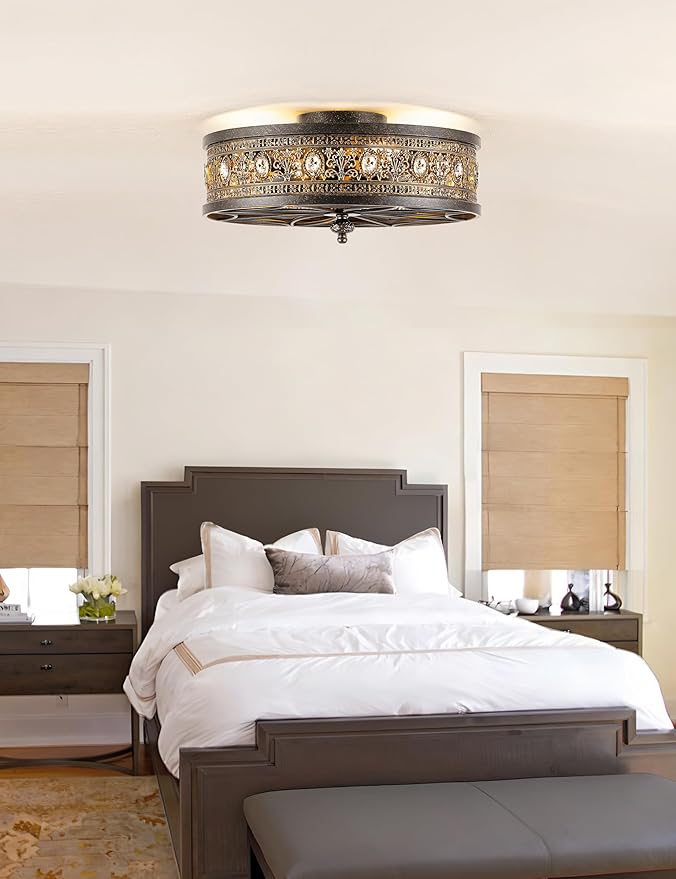Chandelier Ceiling Fan with Light,Antique Bronze Caged Bladeless Enclosed Fandelier,Vintage Ornate Elegant Crystal Light Fixture,Hanging/Flush Mount for Bedroom,Kitchen Island,Dining Room,Living Room