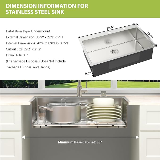 30 Drop in Kitchen Sink - Meryaio 304 Stainless Steel Topmount 16 Gauge 30x22 Single Bowl Sinks for Kitchen, Handmade Above Counter Large Kitchen Sinks Basin with Drain Accessories, 30''x22''x9''