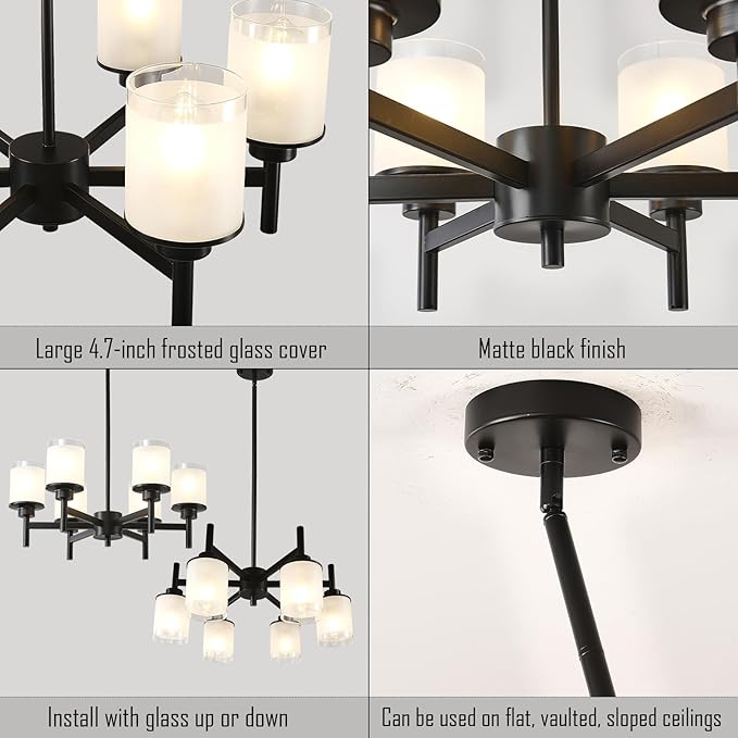 6-Light Black Chandelier for Dining Room Kitchen Island,Modern Farmhouse Pendant Lighting Over Table with Glass Shades,Industrial Metal Hanging Ceiling Light Fixture for Bedroom Hallway