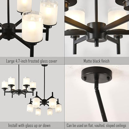 6-Light Black Chandelier for Dining Room Kitchen Island,Modern Farmhouse Pendant Lighting Over Table with Glass Shades,Industrial Metal Hanging Ceiling Light Fixture for Bedroom Hallway