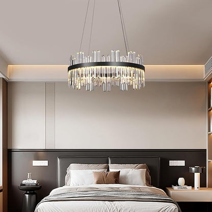 Black Led Modern Crystal Chandelier: 23.6" Round K9 Luxury Clear Crystals 3 Color Dimmable Contemporary Chandeliers for Dining Room Lights over Table - Adjustable Height Living Room Light with Remote