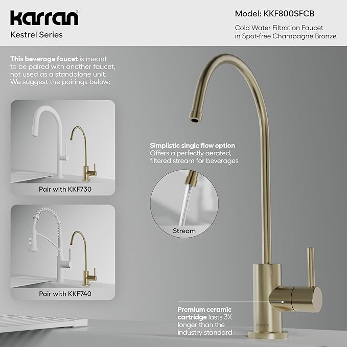 Karran Kestrel Single-Handle Filtered Water Faucet in Bronze 100% Lead-Free Brass, RO/Filtration System Ready, 360° High-Arc Spout, Spot-Free Finish Beverage Faucet (Spot Free Champagne Bronze)