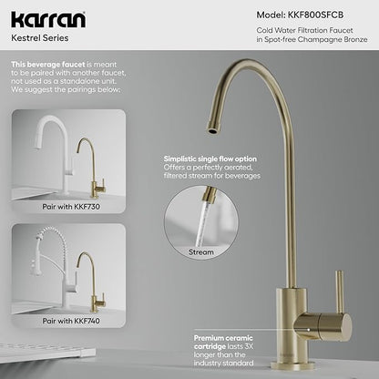 Karran Kestrel Single-Handle Filtered Water Faucet in Bronze 100% Lead-Free Brass, RO/Filtration System Ready, 360° High-Arc Spout, Spot-Free Finish Beverage Faucet (Spot Free Champagne Bronze)