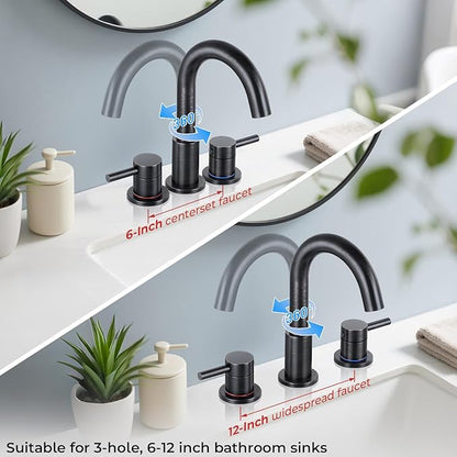 Bathroom Faucet 3 Hole, Oil Rubbed Bronze Bathroom Sink Faucet with Pop Up Drain, 8 inch Widespread Bathroom Faucet with 360° Swivel Spout, 2 Handle Vanity Faucet with Water Supply Hoses