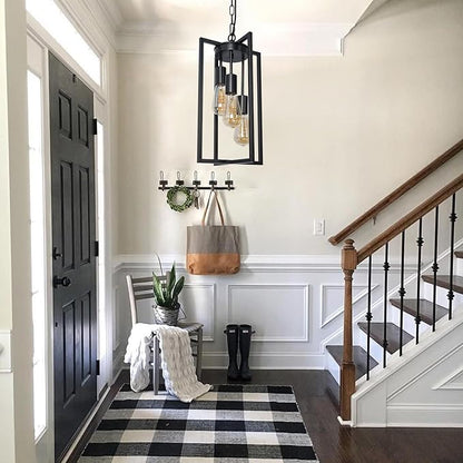 Modern Black Industrial Farmhouse Pendant Lighting, Rectangle Metal Cage Chandelier Hanging Light Fixture for Kitchen Island, Dining Room, Entryway, Hallway (3-Light)