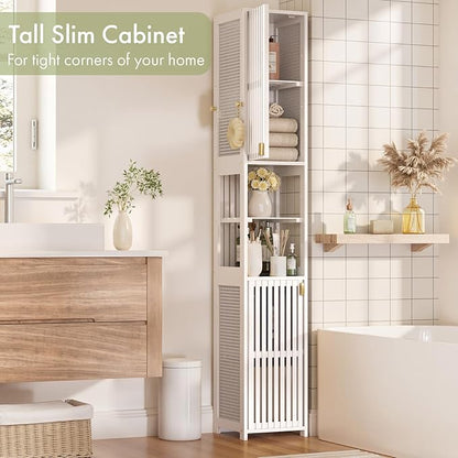 Amazer 70'' Tall Bathroom Storage Cabinet Bamboo, Slim Storage Cabinet with Rattan Door and Adjustable Shelves, Narrow Freestanding Organizer for Living Room Kitchen, White