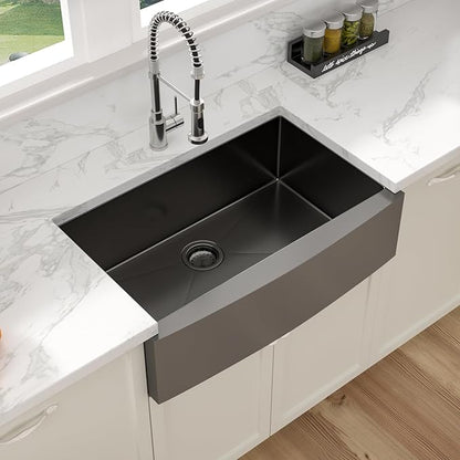 Sarlai 33 Black Farmhouse Kitchen Sink - 33 Inch Kitchen Sink Gunmetal Black Stainless Steel 16 gauge Apron Front Sink Deep Single Bowl Farm Sink