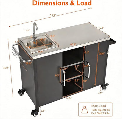 Casaphoria 55.5" Outdoor Kitchen Island with Sink, Stainless Steel BBQ Grill Cart & Pizza Oven Table, Portable Bar Station with Lockable Wheels for Patio Lawn Garden
