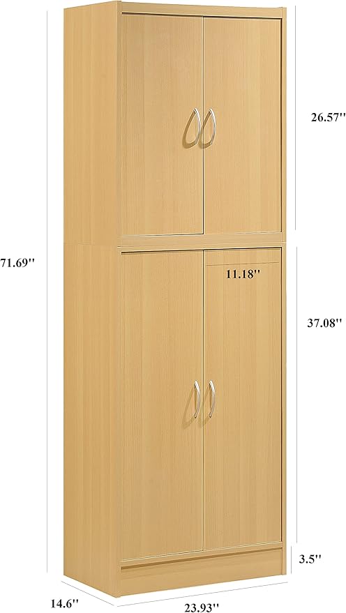 Hodedah 4 Door Kitchen Pantry with Four Shelves, Beech