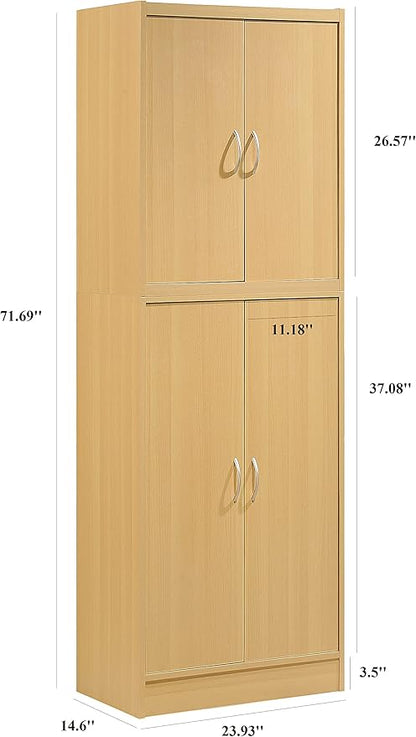Hodedah 4 Door Kitchen Pantry with Four Shelves, Beech