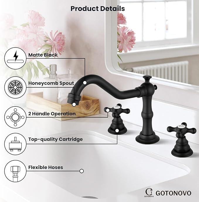 gotonovo Bathroom Faucet 3 Hole 8 Inch Widespread Bathroom Sink Faucet 2 Cross Handles Vintage Lavatory Vanity Mixer Tap with Pop Up Drain, Round Font Label, Matte Black