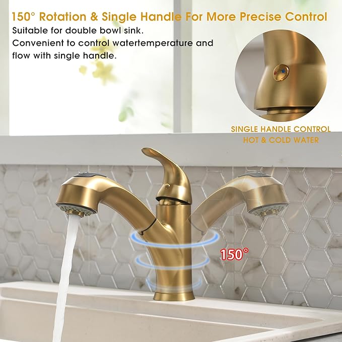 Gold Kitchen Faucet with Sprayer - Matte Brushed Gold Kitchen Sink Faucets with Pull Out Sprayer, Single Handle 1 Hole Faucet Solid Brass Commercial RV Faucets 2 Modes 150°Rotation No Lead