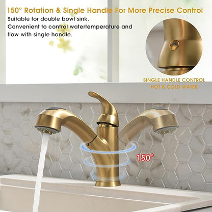 Gold Kitchen Faucet with Sprayer - Matte Brushed Gold Kitchen Sink Faucets with Pull Out Sprayer, Single Handle 1 Hole Faucet Solid Brass Commercial RV Faucets 2 Modes 150°Rotation No Lead