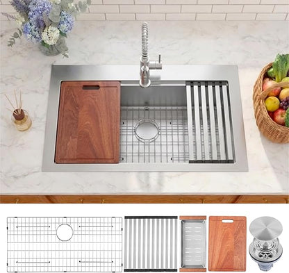 Drop In Kitchen Sink 36" X 22",Top Mount 16 Gauge Stainless Steel Workstation Sink,Deep & Large Single Bowl Kitchen Sinks