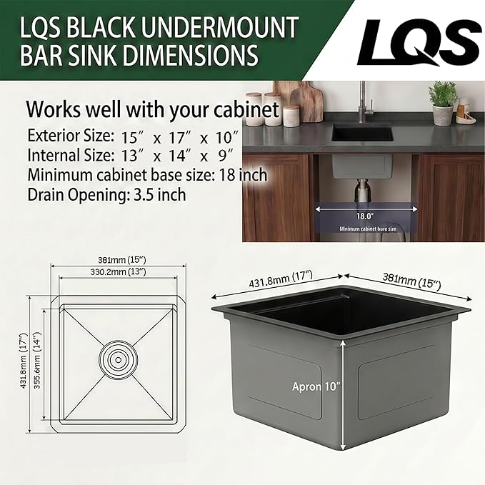 LQS Black Stainless Steel Undermount Bar Sink, 15" x 17" Small Wet Bar Sink and RV Kitchen Sink Workstation, 16 Gauge Stainless Steel Kitchen Sink with Abundant Accessories For RV, Outdoor, Coffee Bar