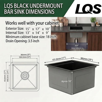 LQS Black Stainless Steel Undermount Bar Sink, 15" x 17" Small Wet Bar Sink and RV Kitchen Sink Workstation, 16 Gauge Stainless Steel Kitchen Sink with Abundant Accessories For RV, Outdoor, Coffee Bar