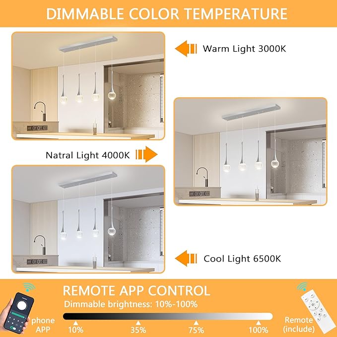 Rectangular Crystal Pendant Light for Kitchen Island 4 Light Dimmable Crystal Chandelier Lighting Fixtures with Remote for Dining Room Living Room Silver