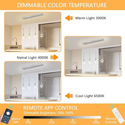 Rectangular Crystal Pendant Light for Kitchen Island 4 Light Dimmable Crystal Chandelier Lighting Fixtures with Remote for Dining Room Living Room Silver