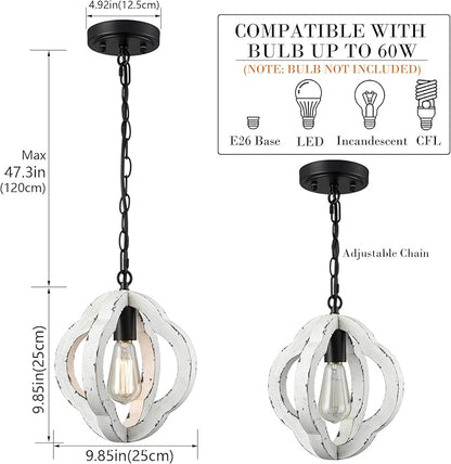 SAMTEEN Farmhouse Wood Pendant Light Distressed White Wood Chandelier Lighting with Adjustable Chain Wooden Hanging Light Fixtures for Kitchen Island Dining Room Bedroom