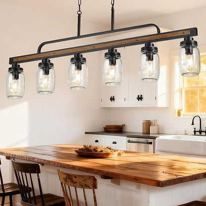 6-Light Rustic Farmhouse Dining Room Light, Black Mason Jar Chandelier Lighting Fixture for Kitchen Island, Dining Room, E26 Cluster Hanging Pendant Light with Jar Glass Shade