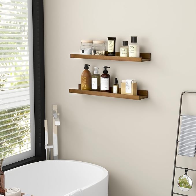 FLYJOE Picture Ledge Wall Shelves 24 inch Width Set of 2, Solid Pine Wood Rustic Floating Ledge Shelves for Wall for Kids' Room Bedroom Kitchen Bathroom Living Room Nursery Display Wall Decor, Walnut