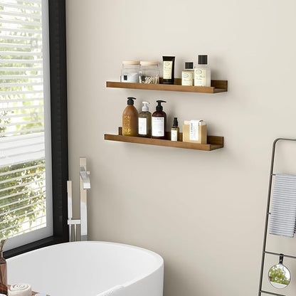 FLYJOE Picture Ledge Wall Shelves 24 inch Width Set of 2, Solid Pine Wood Rustic Floating Ledge Shelves for Wall for Kids' Room Bedroom Kitchen Bathroom Living Room Nursery Display Wall Decor, Walnut