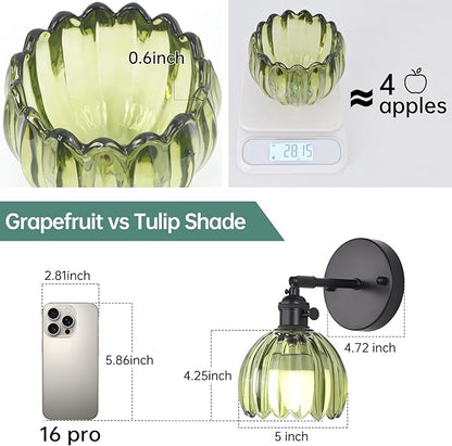 Shenmoyl Vintage Battery Operated Wall Sconce with Green Tulip Glass Lampshade Rechargeable Battery Powered Black Wall Light with Remote Control for Bedside Bedroom Doorway