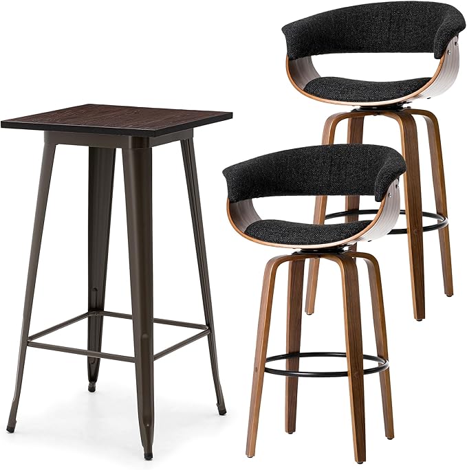 Glitzhome Bar Table and Chairs, Gray Fabric Adjustable Swivel Bar Stools Set of 2, Square Rustic Cocktail Pub Table for Kitchen Island Bistro Office Living Room Dining Room Small Space Restaurant