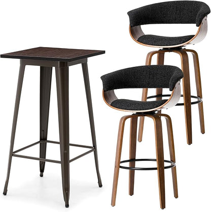 Glitzhome Bar Table and Chairs, Gray Fabric Adjustable Swivel Bar Stools Set of 2, Square Rustic Cocktail Pub Table for Kitchen Island Bistro Office Living Room Dining Room Small Space Restaurant