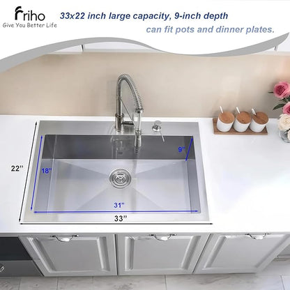 Friho 33x22 Drop in Kitchen Sink, Top Mount Commercial Handmade 18 Gauge Single Bowl Stainless Steel Sink with Basket Strainer