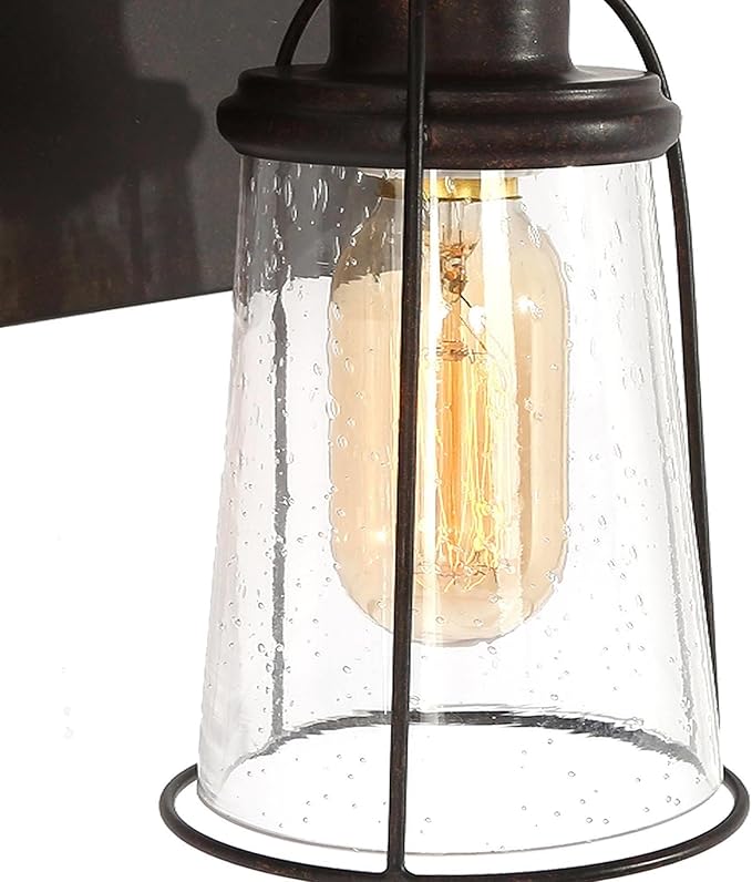 LALUZ Farmhouse Rusty Bathroom Light Fixtures, 3-Light Vanity Lights with Seeded Glass Shade Over Mirror