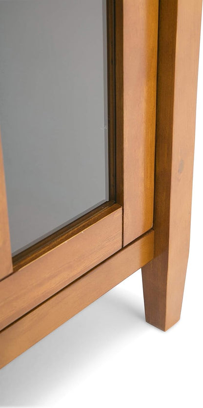 SIMPLIHOME Warm Shaker Storage Cabinet - 32 inch Wide Solid Wood 2-Shelf Low Storage Cabinet in Light Golden Brown, Transitional Accent Cabinet for Entryway with Tempered Glass Doors and Shelves
