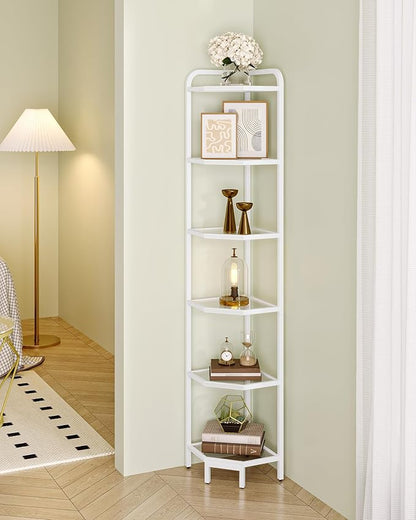 Hzuaneri Corner Shelf Stand,6-Tier Glass Bookshelf Bookcase, Bathroom Organizer, Plant Stand, Steel Frame, Tempered Glass, Modern Style for Living Room, Bathroom, Kitchen, White CS90613W