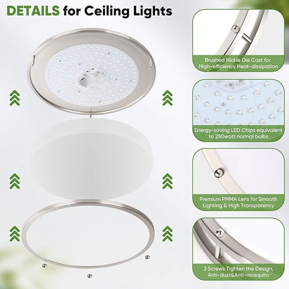 16in 50W LED Flush Mount Ceiling Lights 5600lm Super Bright, Dimmable LED Ceiling Light Fixtures 2700K-6500K 5CCT Adjusted, 2-Pack Modern Light Fixture Ceiling for Living Room Bedroom Kitchen , Nickle