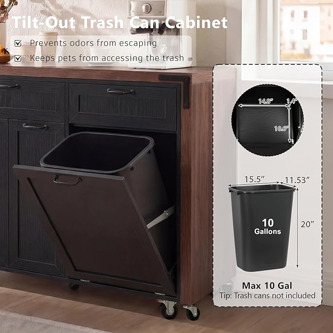 Kitchen Island with Extendable Dining Table, Rolling Kitchen Cart with Drawers and Trash Storage Cabinet, Island Mobile Dining Table on Wheels with 3-Tier Pull-Out Spice Rack for Small Space Black