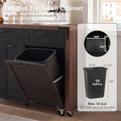 Kitchen Island with Extendable Dining Table, Rolling Kitchen Cart with Drawers and Trash Storage Cabinet, Island Mobile Dining Table on Wheels with 3-Tier Pull-Out Spice Rack for Small Space Black