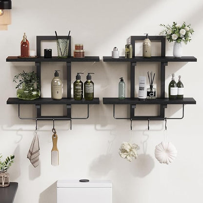 Creso hom Floating Shelves, 15" Wall Shelf Set of 2, Hanging Bathroom Shelves 2-Tier, Wall Mounted Storage Shelves, for Living Room Bedroom Bathroom Kitchen Office Coffee Bar, Black