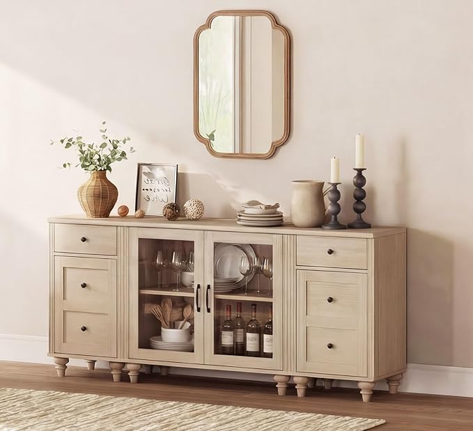 WAMPAT Sideboard Buffet Cabinets with Glass Door, Kitchen Storage Cabinets, Wood Coffee Bar Tables, Accent Sideboard Storage Cabinet Table Dining Room, Living Room,Beige