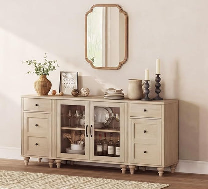 WAMPAT Sideboard Buffet Cabinets with Glass Door, Kitchen Storage Cabinets, Wood Coffee Bar Tables, Accent Sideboard Storage Cabinet Table Dining Room, Living Room,Beige
