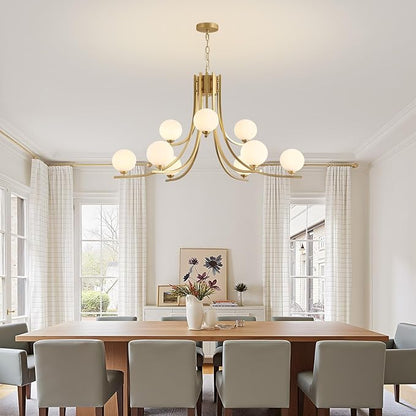 Glass Globe Chandeliers for Dining Room，12-Light Gold Sputnik Light Fixture Milk White Globe Glass Modern Chandeliers for Living Room Kitchen Light Fixture