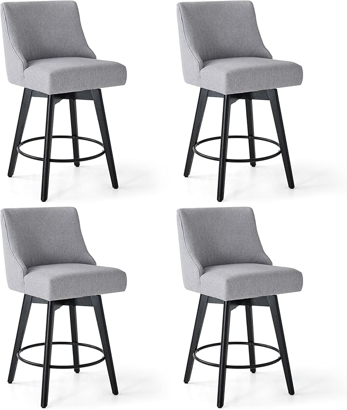 Counter Height Bar Stools Set of 4, Swivel Barstools with Backs and Wood Legs, Linen Fabric Upholstered Counter Stools for Kitchend Island, Mid-Century Modern 26" Seat Height Bar Chairs, Grey