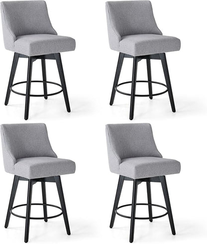 Counter Height Bar Stools Set of 4, Swivel Barstools with Backs and Wood Legs, Linen Fabric Upholstered Counter Stools for Kitchend Island, Mid-Century Modern 26" Seat Height Bar Chairs, Grey